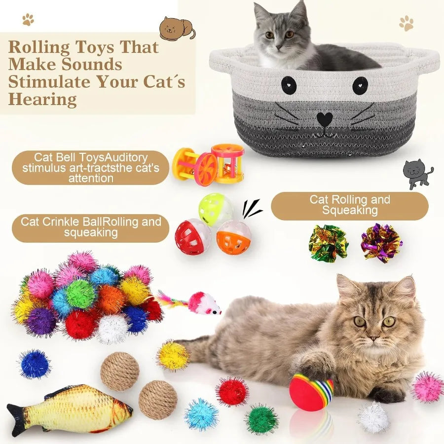 58 Pcs Cat Toys Set Colorful Flashing Balls Crinkle Bells