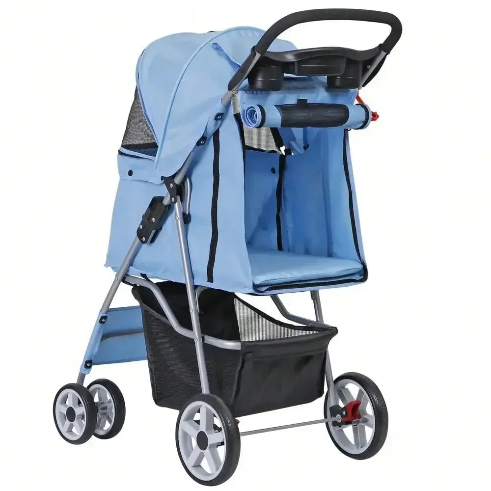 Blue 4 Wheel Pet Stroller for Cats and Dogs Foldable Carrier Jogger Travel with Basket