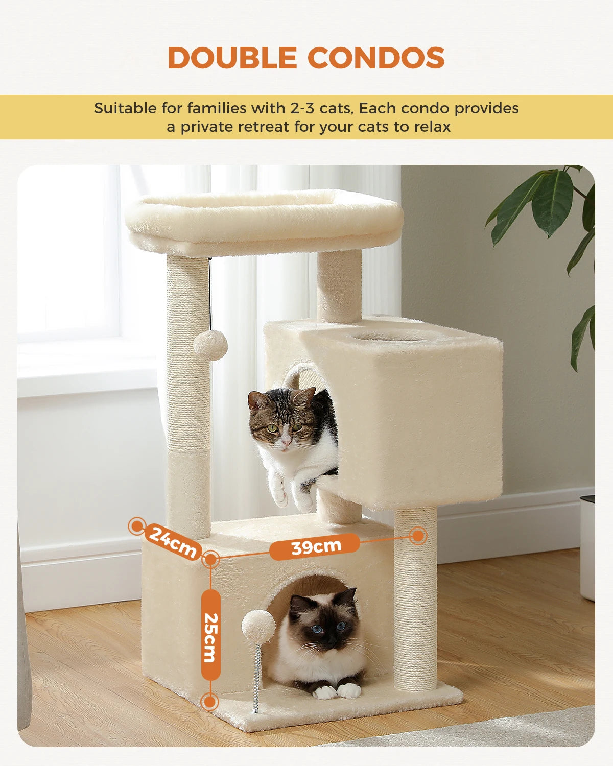 Cat Tree for Large Cats Indoor Cat Tower up to 10kg with 2 Large Condos Scratching Posts and Large Perch