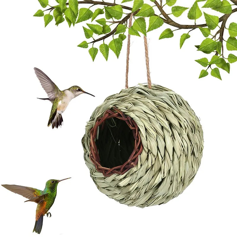 Hand Woven Natural Grass Bird Cage Bird House With Hanging Rope Handmade Bird Nest Shelter Hut Small Hideaway Pet Supplies 13cm