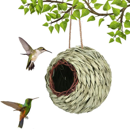 Hand Woven Natural Grass Bird Cage Bird House With Hanging Rope Handmade Bird Nest Shelter Hut Small Hideaway Pet Supplies 13cm