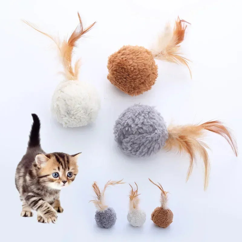 Cat Toy Plush Ball With Feathers Interactive Fun Chase Pet Supplies