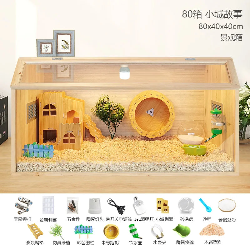 Wooden Hamster Cage Luxury Villa With Hideout Lock