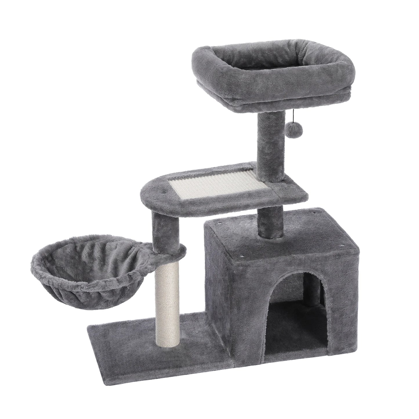 H228cm Cat Tree Toy Condo Multi-Layer Climbing Tower with Hammock Solid Wood Post for Cats