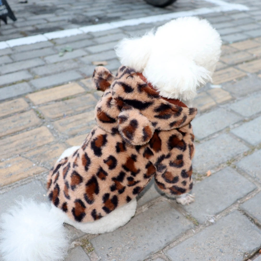 Winter Pet Dog Clothes Warm Fleece Dog Hoodie Leopard Dog Coat Jacket French Bulldog Clothing for Small Medium Dogs Pet Costumes