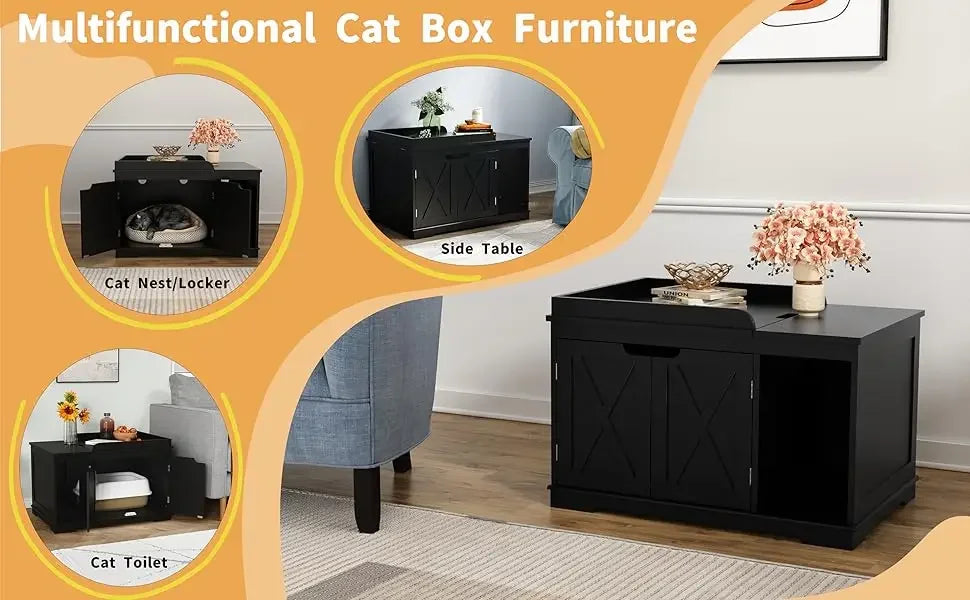 Flip Top Wooden Cat Litter Box Enclosure Hidden Cabinet