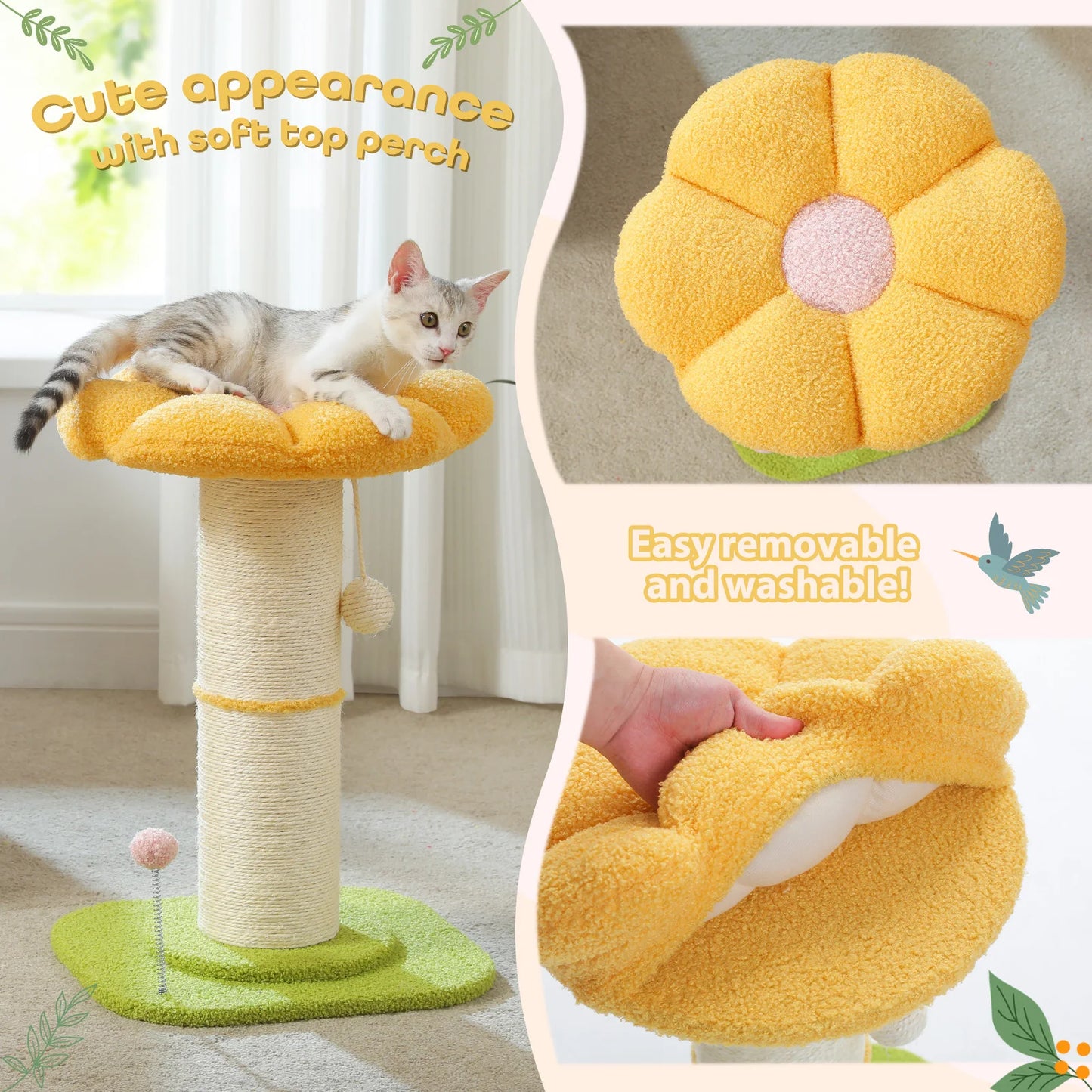 Flower Cat Scratching Post Small Cat Tree Tower Cat Scratcher Indoor Cats Super Thick Scratching Post Removable Cat Bed