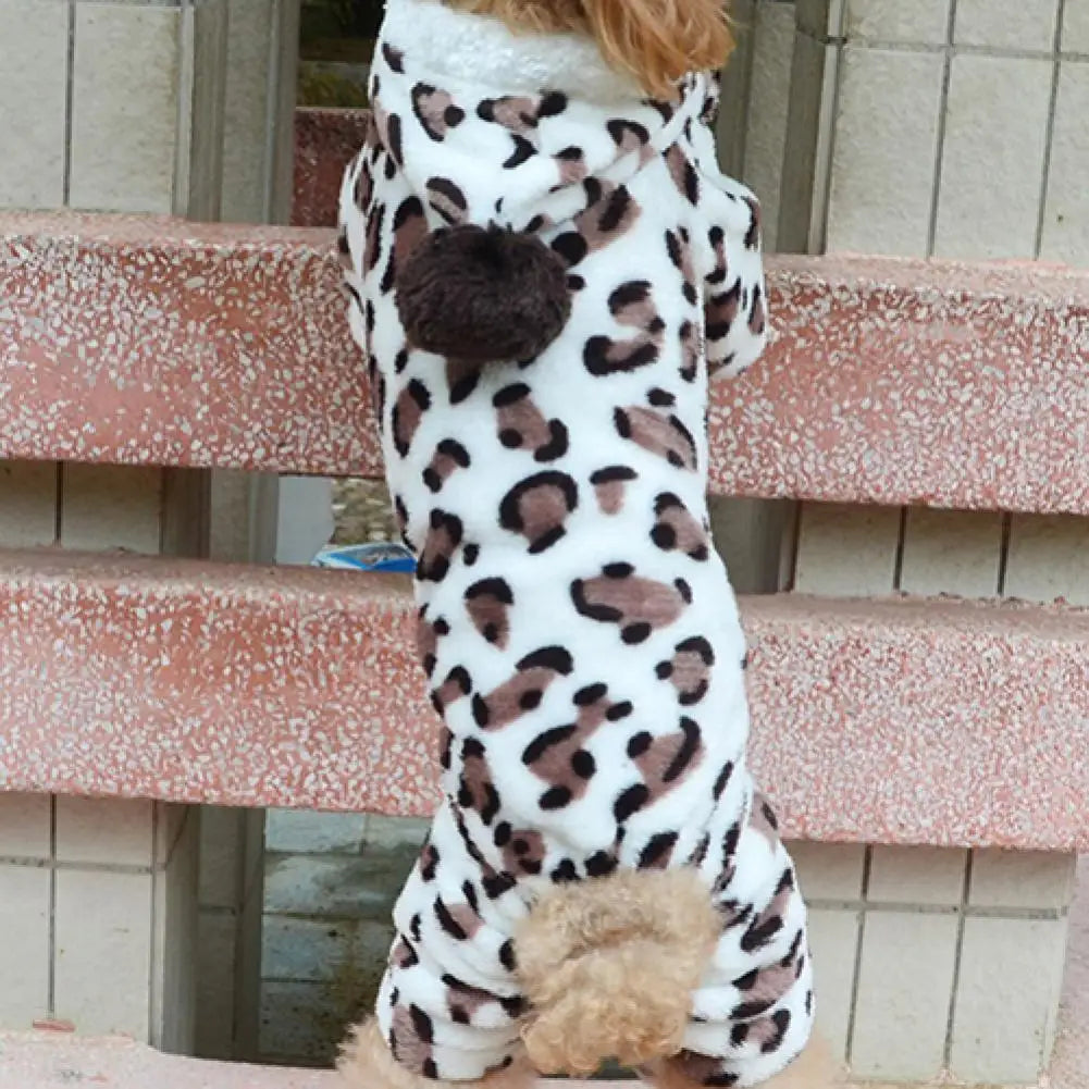 Dog Hoodie Hooded Flannel Winter Warm Leopard Printed Pet Puppy Jumpsuit Pajamas Outwear for Home