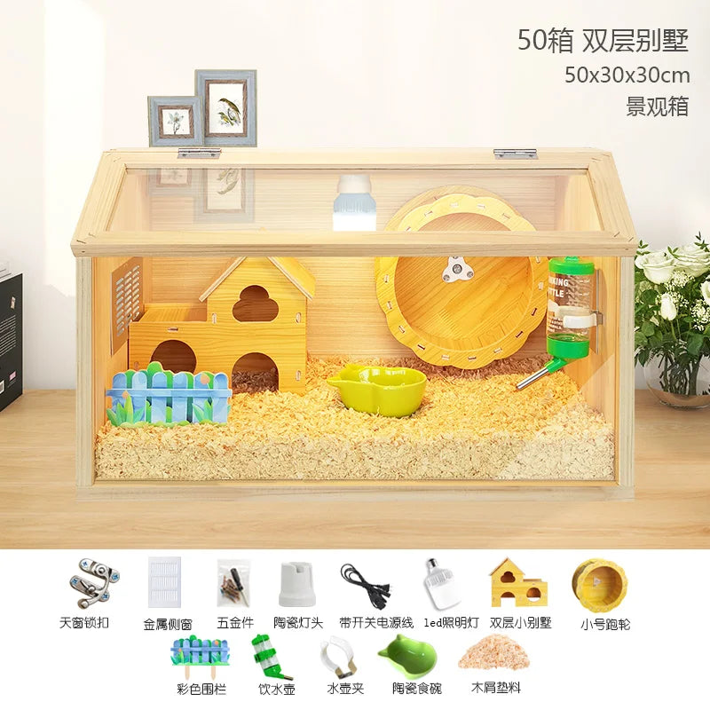 Wooden Hamster Cage Luxury Villa With Hideout Lock