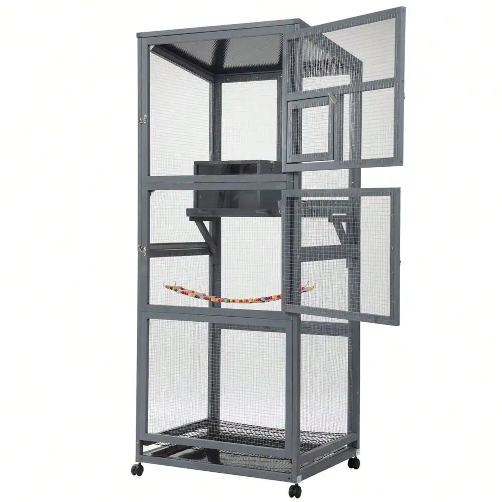 68 Inch Large Wood Bird Cage on Wheels Outdoor Aviary with Pull Out Tray