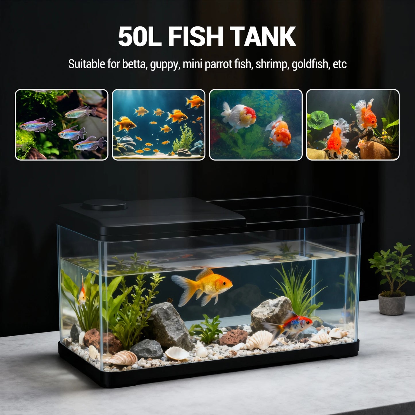 50l Aquarium Starter Kits - Arcrylic Fish Tank with Led Lights, Complete Fish Tank Starter Kit, Rectangular Freshwater & Marine