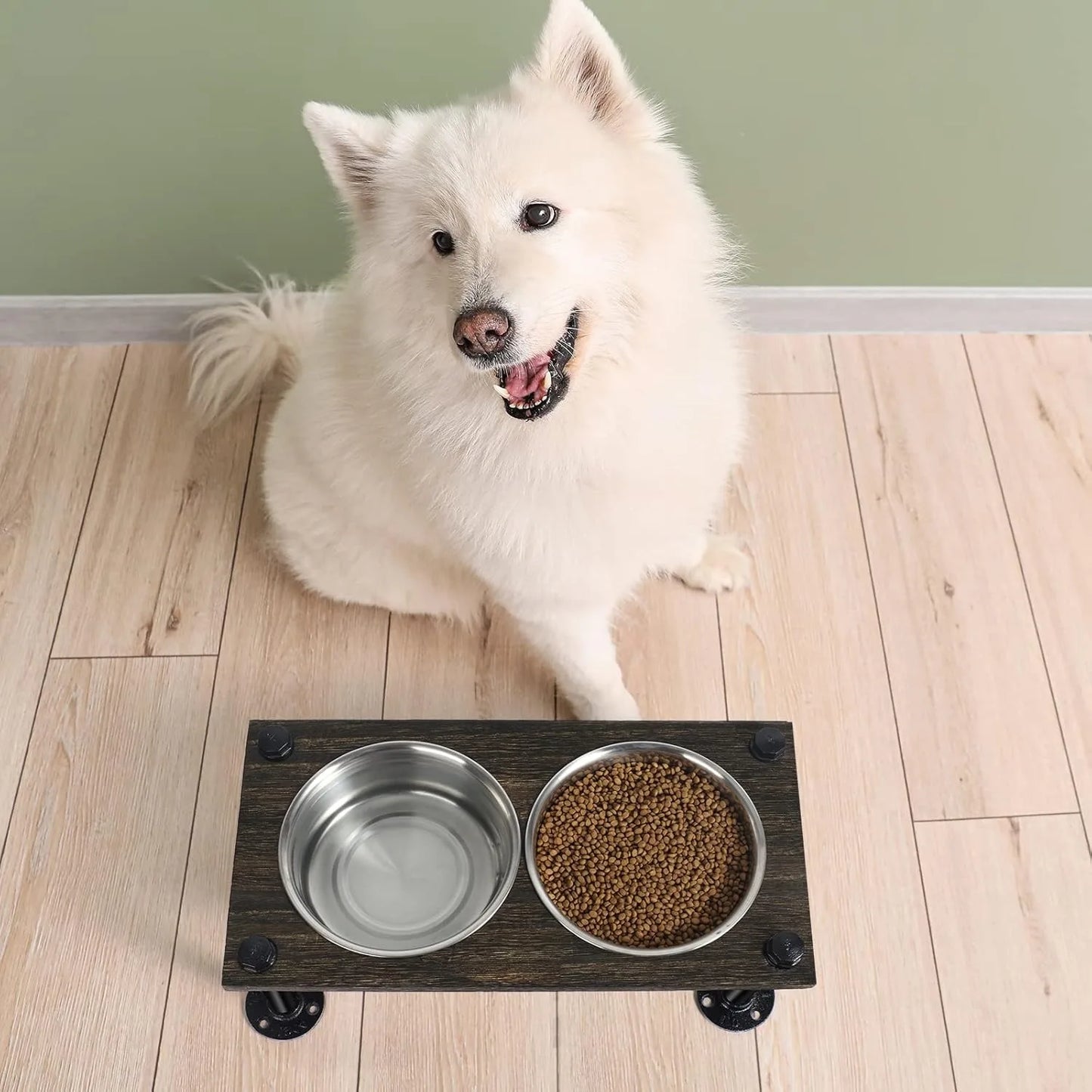 Raised Dog Bowl Stand for Large Dogs with 2 Stainless Steel Bowls and Waterproof Wood Base in Rustic Brown
