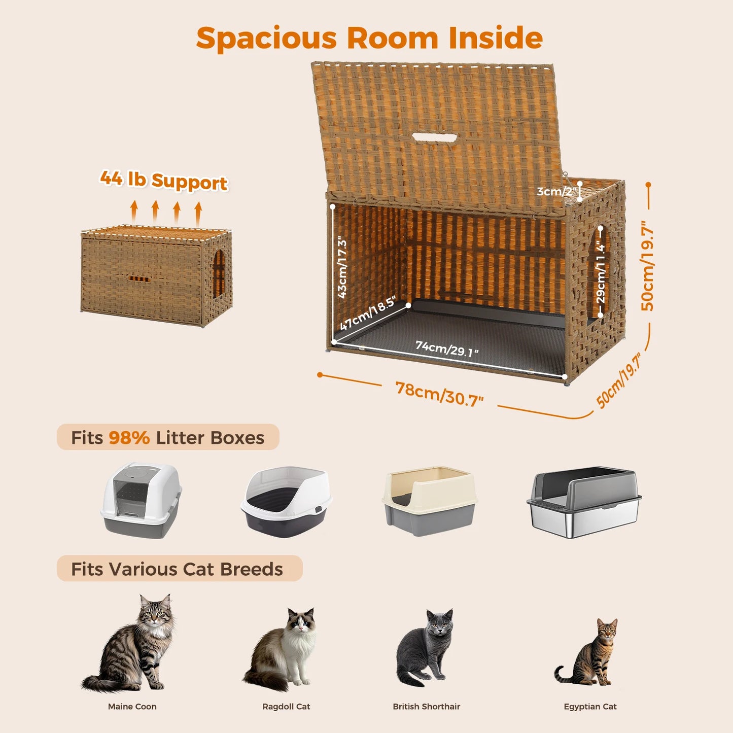 PEQULTICN Rattan Cat Litter Box Enclosure With Tall Doorway