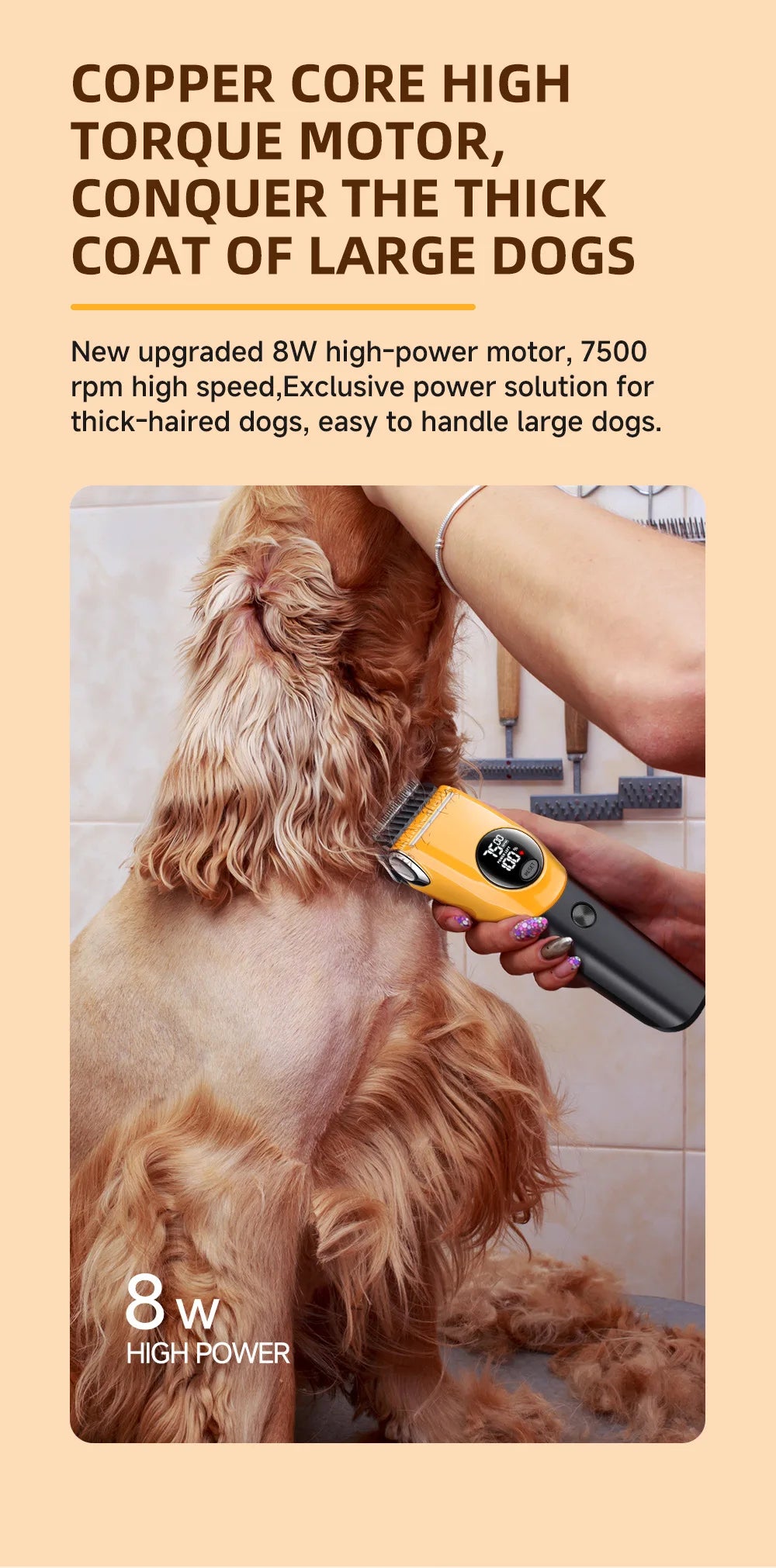 Pet Clipper Professional Dog Hair Trimmer Cat Grooming Shaver 7500 RPM LED Rechargeable Suitable for Large Medium and Small Pets