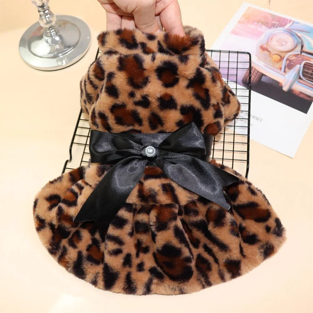 Winter Autumn Pet Warm Fashion Skirt Fleece Rainbow Candy Color Cute Plush Leopard Print Bow Dog Dress