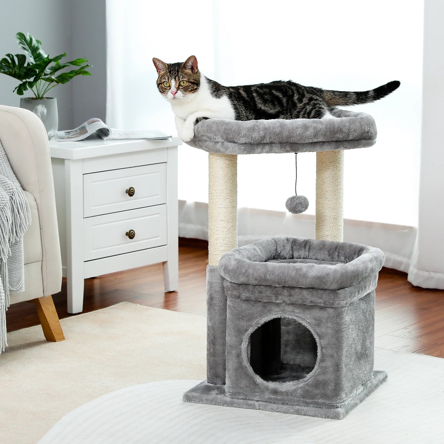 H228cm Cat Tree Toy Condo Multi-Layer Climbing Tower with Hammock Solid Wood Post for Cats