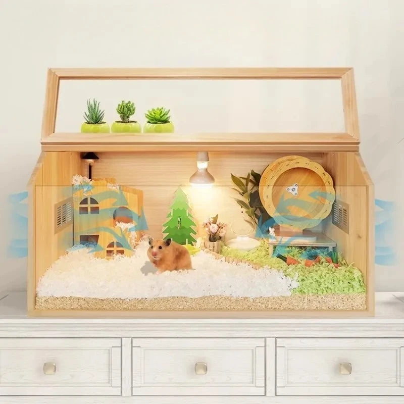 Wooden Hamster Cage Luxury Villa With Hideout Lock