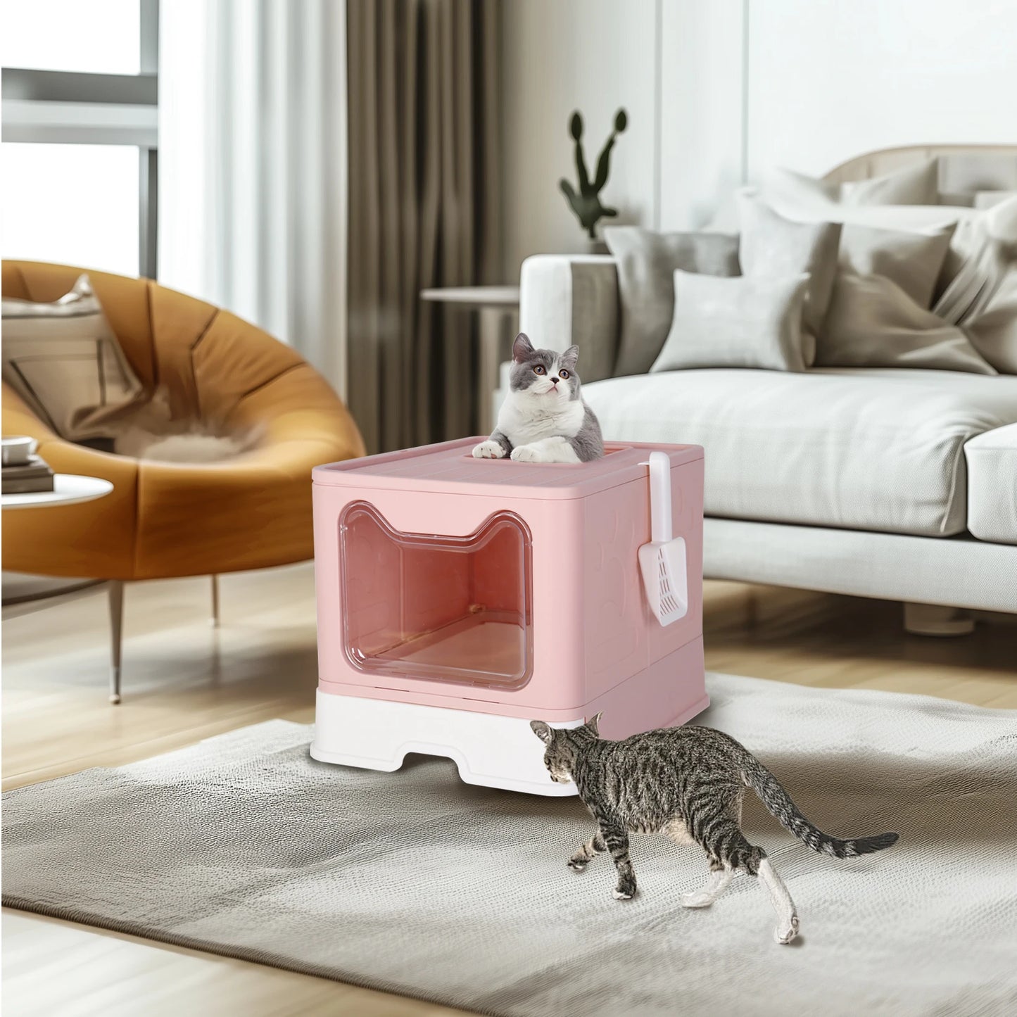 Bingopaw Cat Litter Box with Lid Enclosed Potty Large Top Entry Anti Splashing Toilet Easy to Clean with Litter Scoop