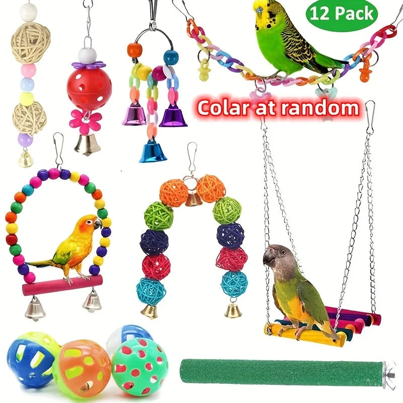 DCPET 12 Pack Wood Bird Toy Set Parrot Swing Bridge Bells Cage Accessories