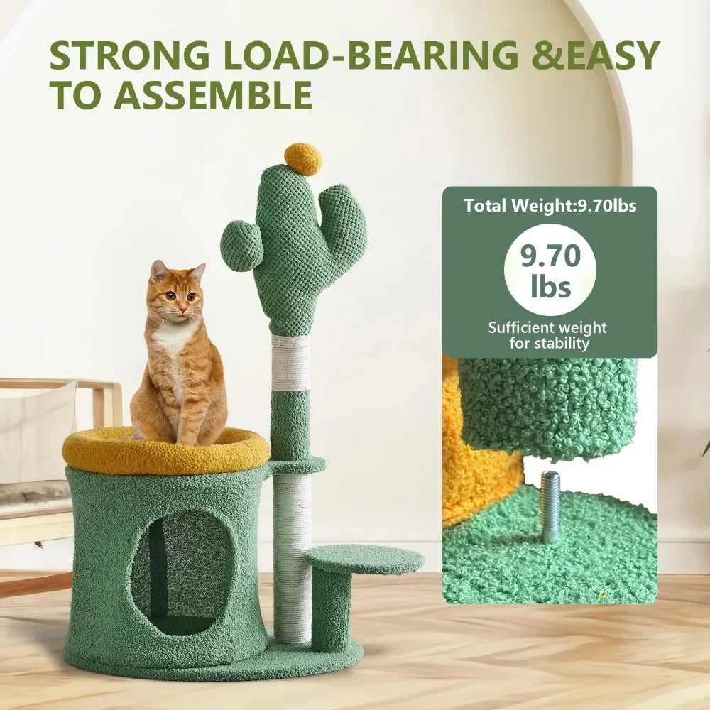 32 Inch Cat Tree with Cactus Cat Scratching Post Cozy Cat House for Indoor Cats Green
