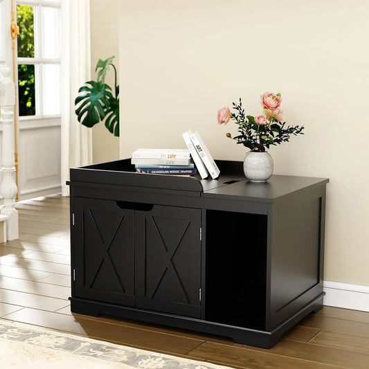 Flip Top Wooden Cat Litter Box Enclosure Hidden Cabinet