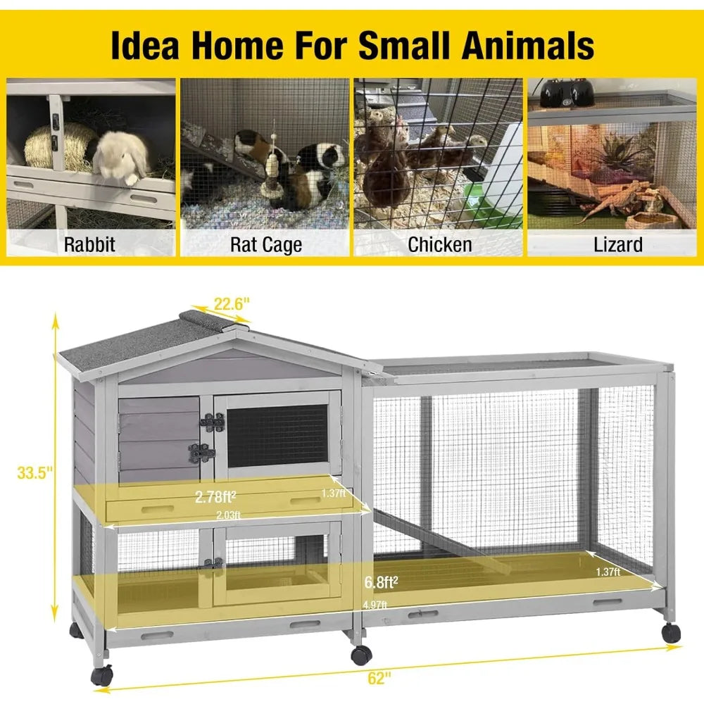 Farm Animals Outdoor Rabbit Hutch And Guinea Pig Cage With Casters And Waterproof Tray