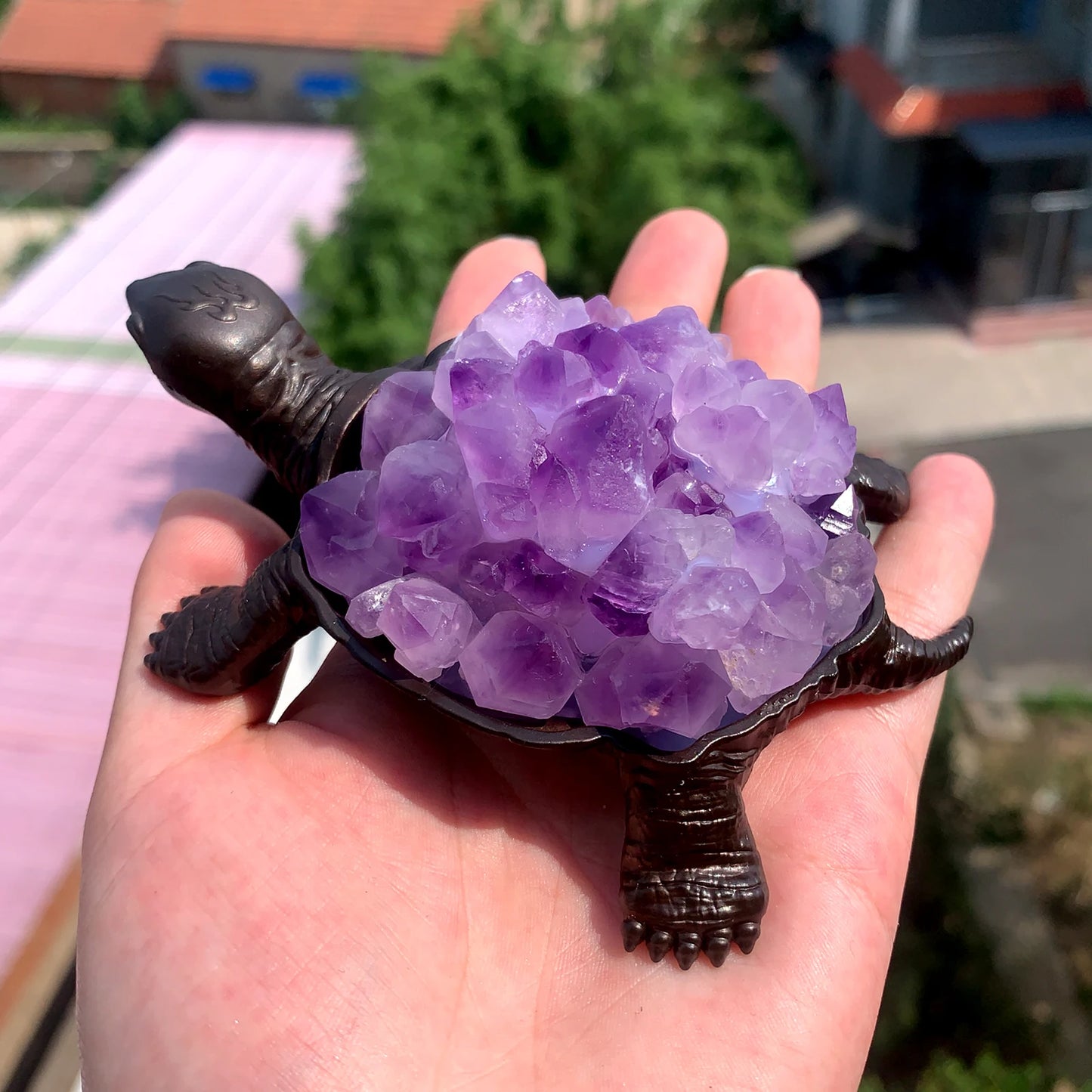 1PC Natural Amethyst Flowers Cluster Purple Quartz Carved Tortoise Animal Figurines Energy Gemstones Home Decoration