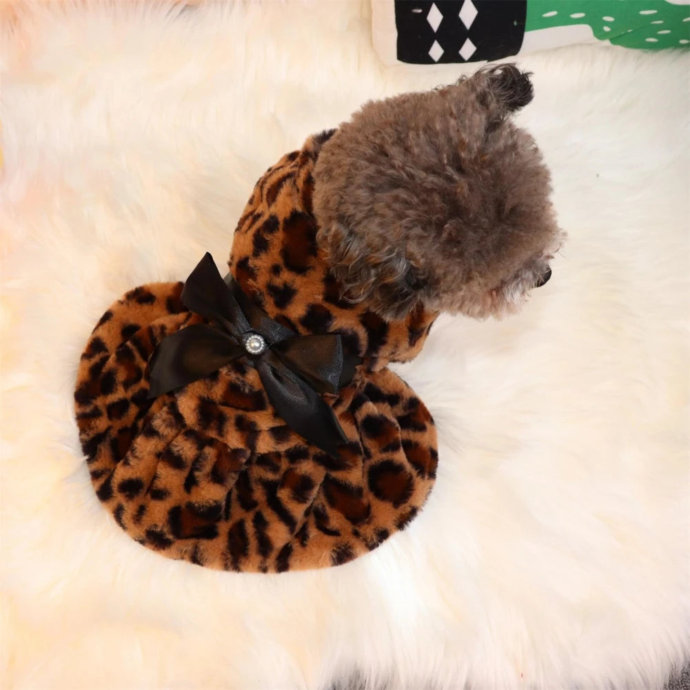 Winter Autumn Pet Warm Fashion Skirt Fleece Rainbow Candy Color Cute Plush Leopard Print Bow Dog Dress