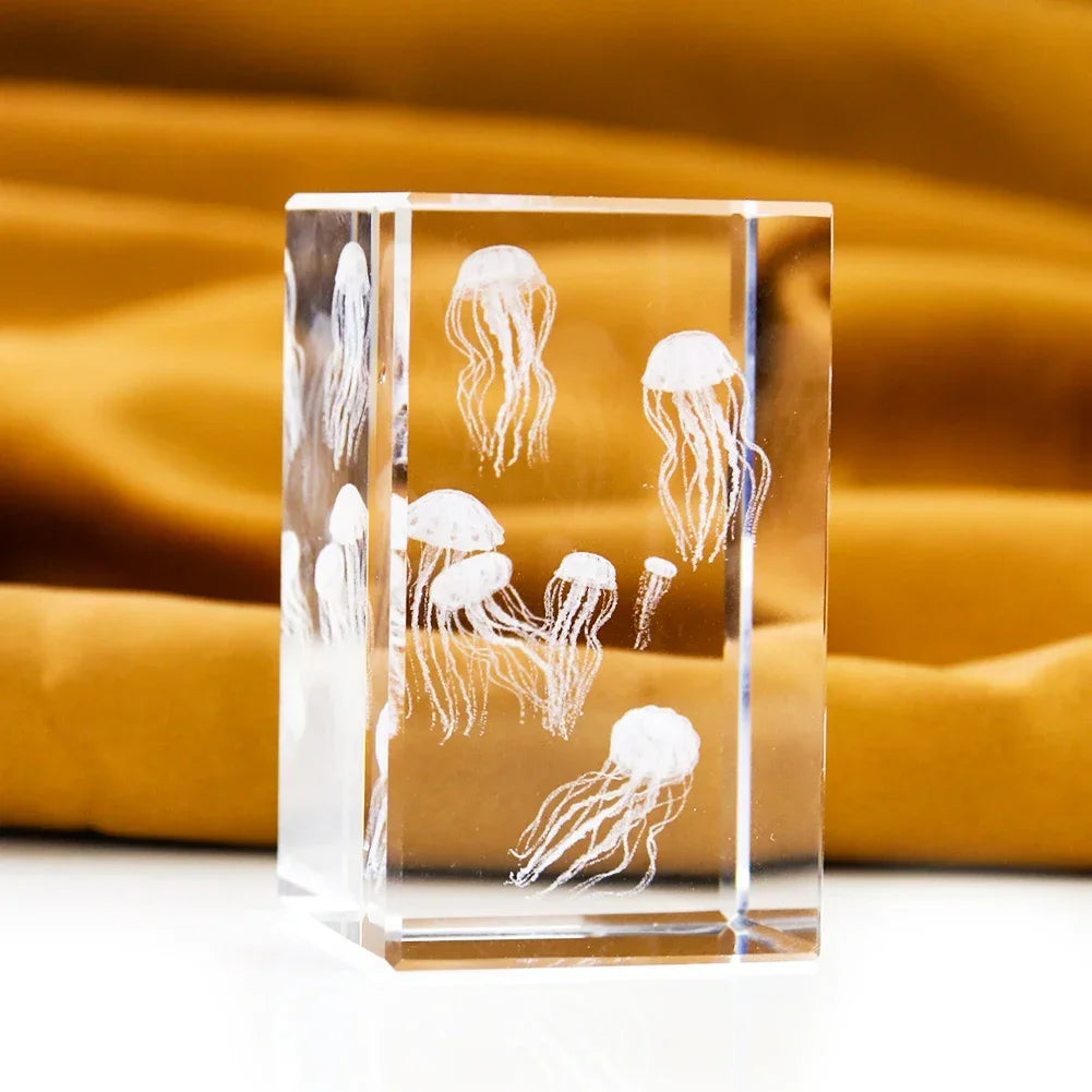 3D Laser Carving Jellyfish Crystal Cube Glass Crafts Figurines Miniatures Sculpture Paperweight Ocean Home Decor Gift Photo Prop