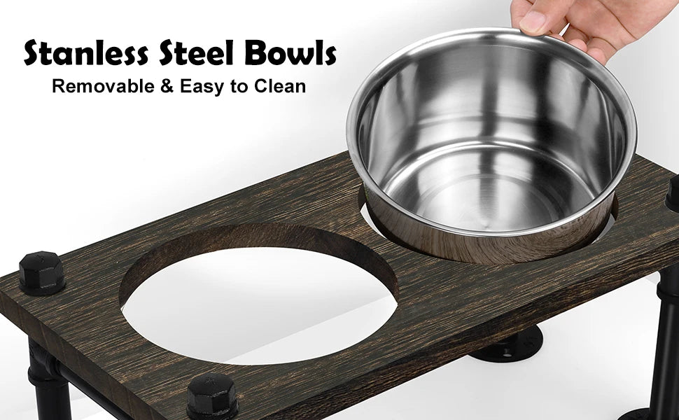 Raised Dog Bowl Stand for Large Dogs | Farmhouse Feeder w/ 2 Stainless Bowls | Waterproof Wood Board & Rustic Brown Design