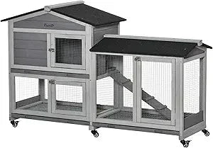 62 Inch Rabbit Hutch Wooden Bunny Hutch Guinea Pig Cage Small Animal Enclosure with Wheels Run Area Removable Tray Asphalt Roof