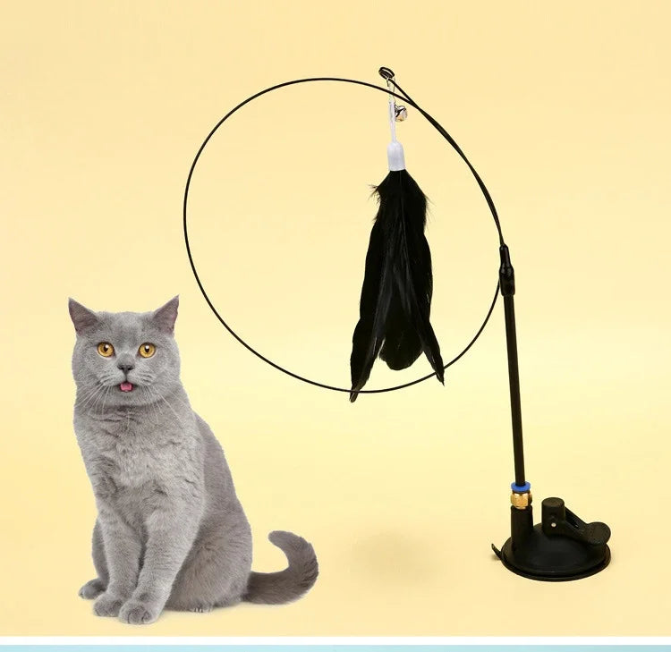 Cat Teaser Toy Cat Teaser Pole With Feather Bell Extended Rod Suction Cup Durable Bite Teaser Stick Replaceable Feather Head