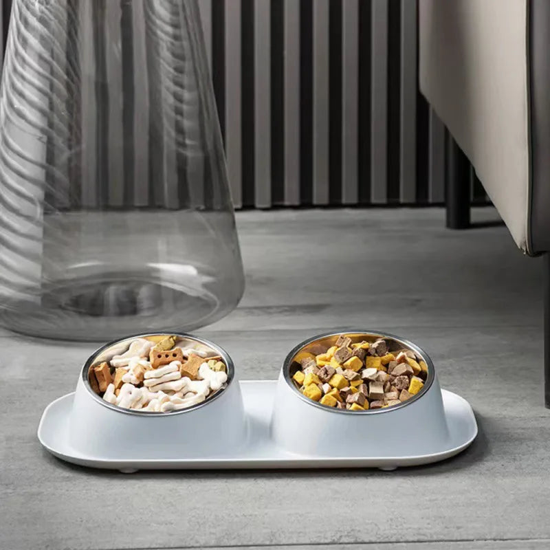 Stainless Steel Double Cat Dog Bowl Cat Food Container Plastic Non-slip Base Pet Water Feeder Tilt Safeguard Neck Puppy Cat Bowl