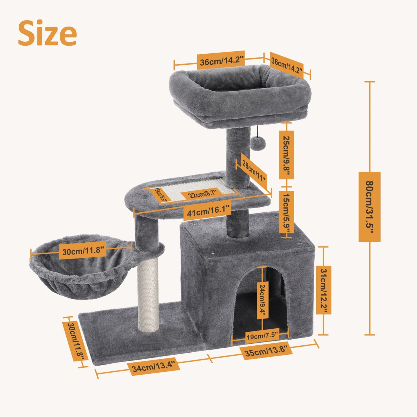 Cat Tree Cat Tower for Indoor Cats with Big Hammock Removable Top Perch and Scratching Posts Grey
