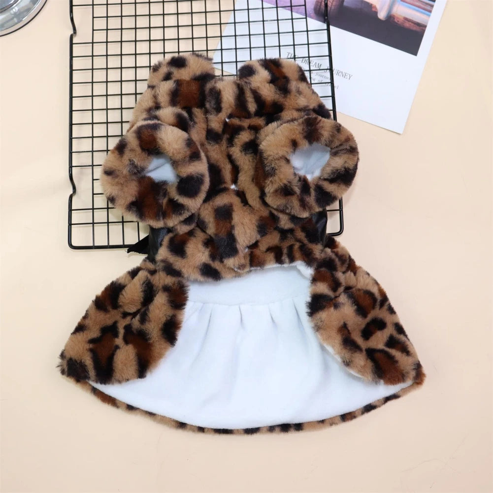 Winter Autumn Pet Warm Fashion Skirt Fleece Rainbow Candy Color Cute Plush Leopard Print Bow Dog Dress
