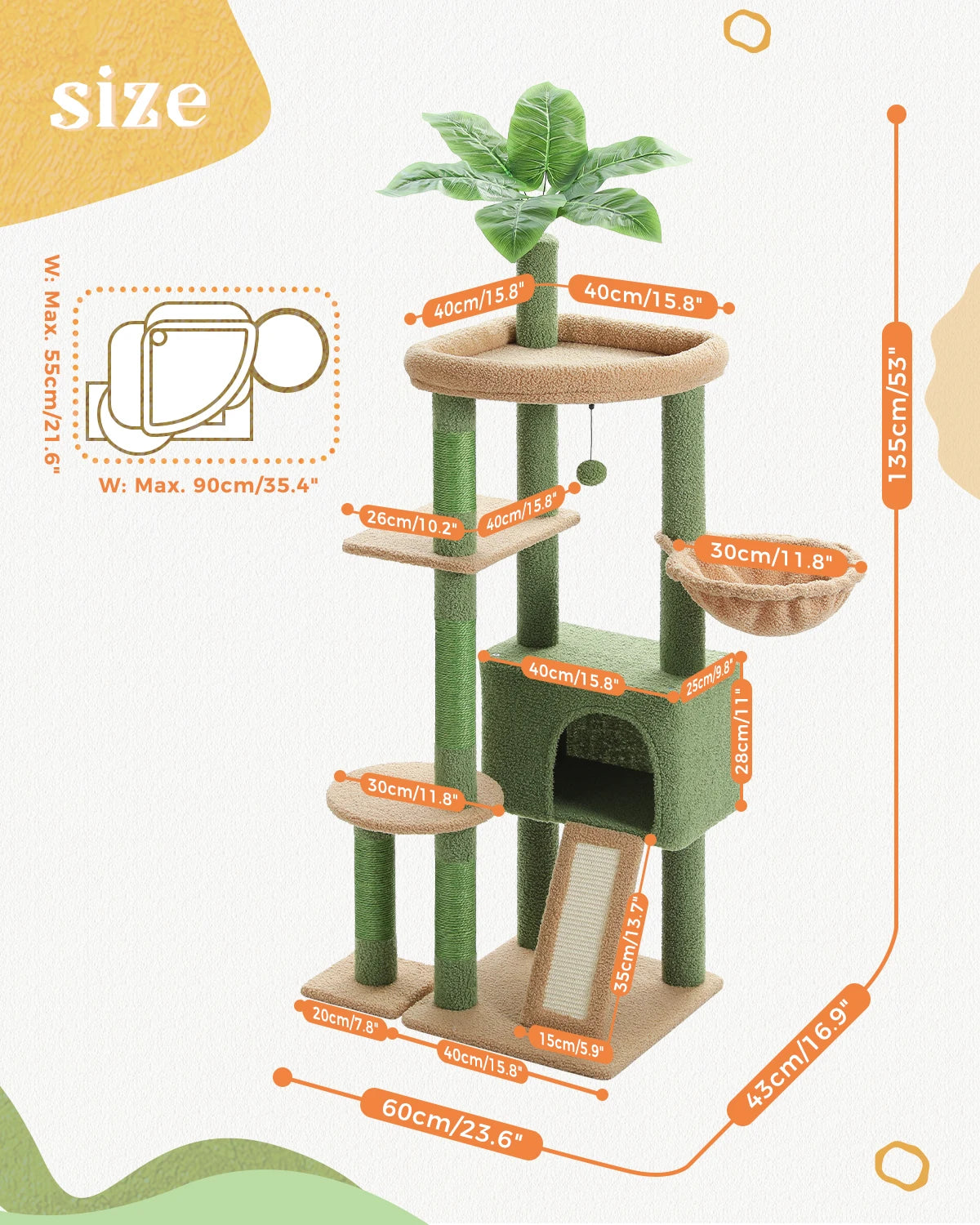 H135CM Cat Tree for Indoor Use with Sisal Scratching Posts Multi-Level Cat Tower with Spacious Condo and Hammock for Kittens