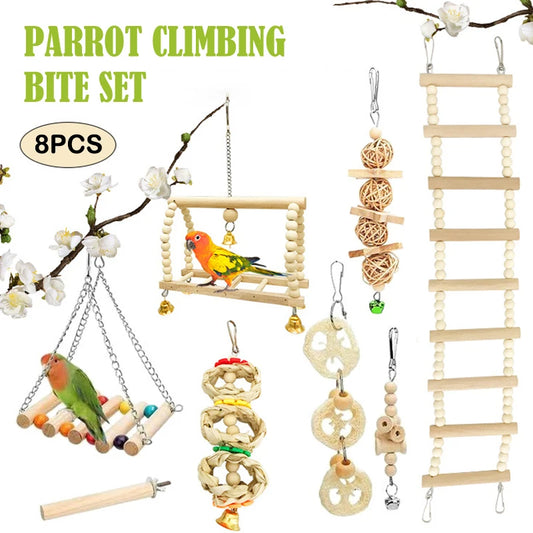 8 Pieces Combination Parrot Bird Toys Natural Wood Swing Perch Climb Toys for Bird Cage Pet Supplies