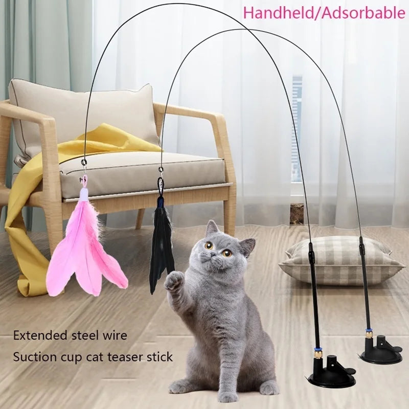 Cat Teaser Toy Cat Teaser Pole With Feather Bell Extended Rod Suction Cup Durable Bite Teaser Stick Replaceable Feather Head