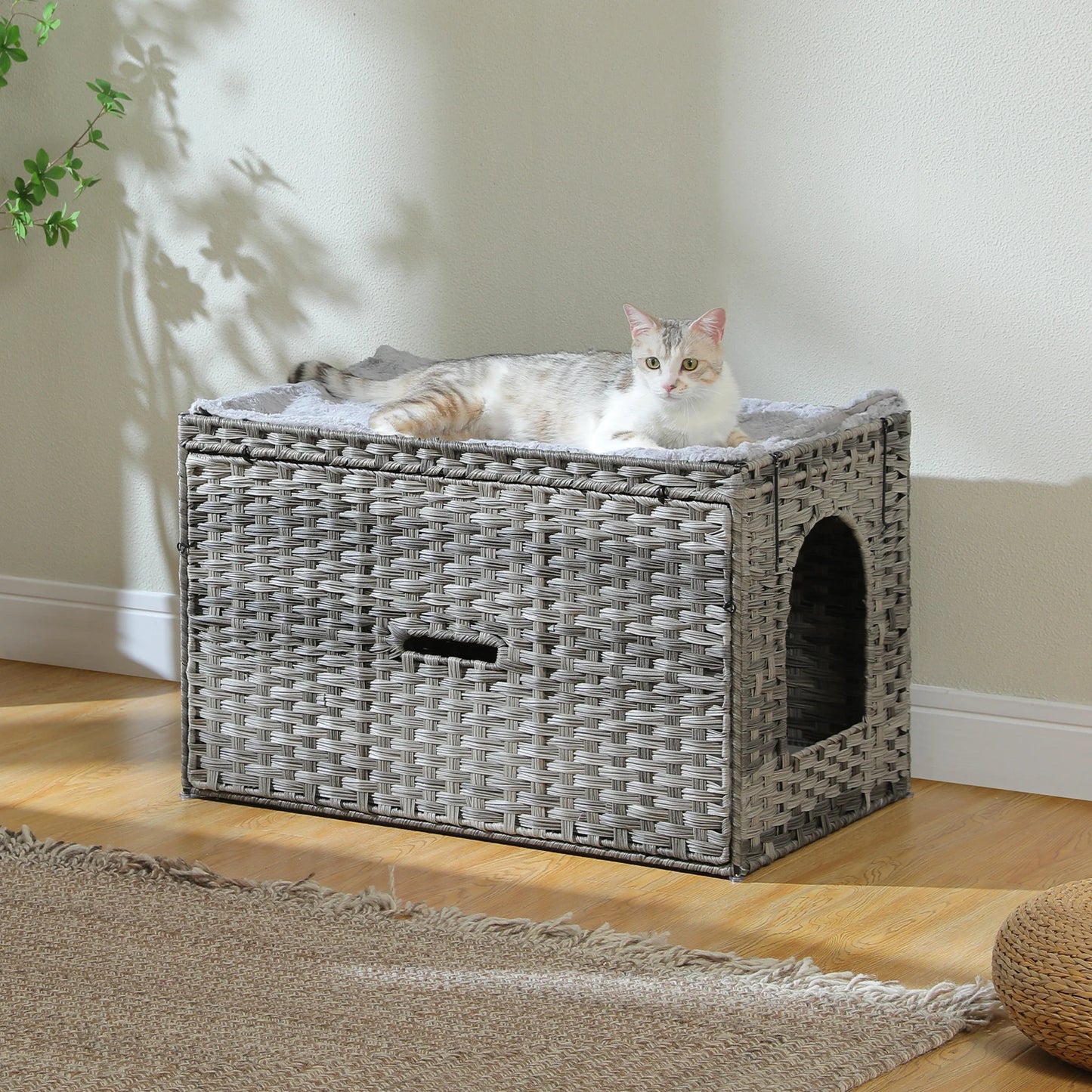 PEQULTICN Rattan Cat Litter Box Enclosure With Tall Doorway