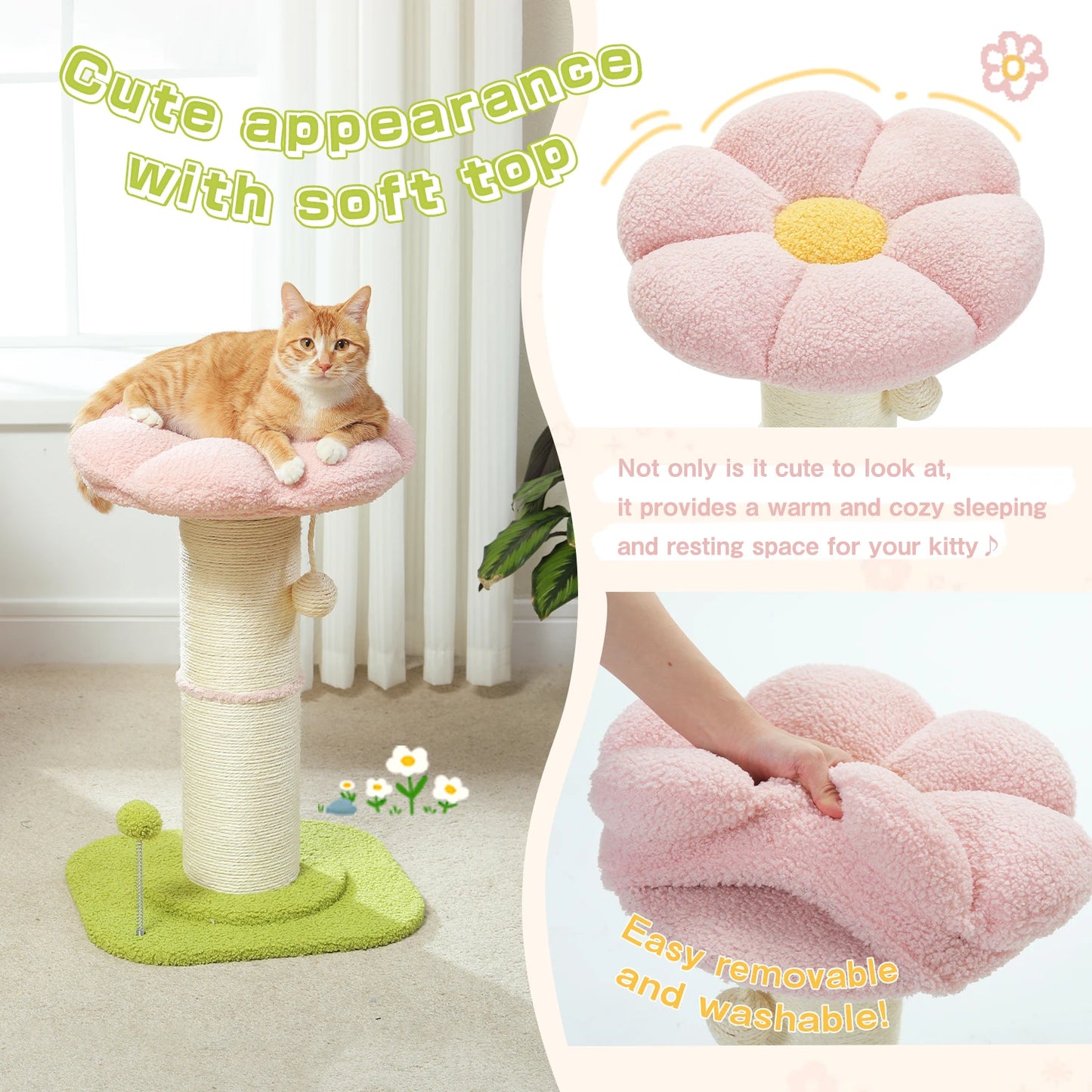 Flower Cat Scratching Post Small Cat Tree Tower Cat Scratcher Indoor Cats Super Thick Scratching Post Removable Cat Bed