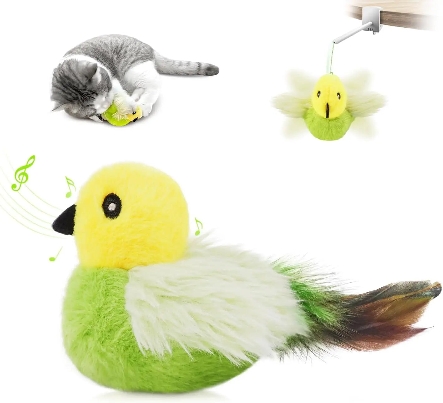 Migipaws Interactive Flapping Bird Cat Toys with Rod, clamp, Elastic String and Catnip, A