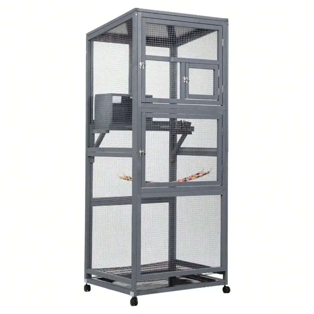 68 Inch Large Wood Bird Cage on Wheels Outdoor Aviary with Pull Out Tray
