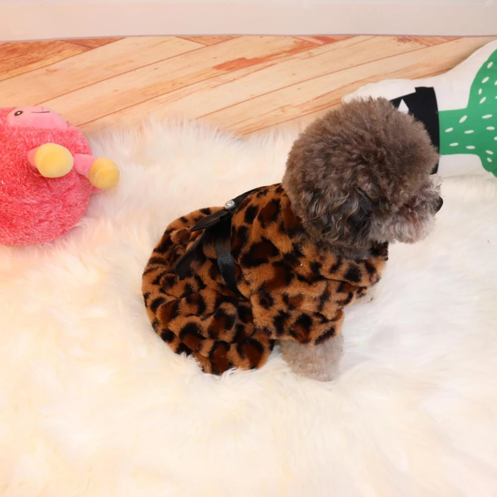 Winter Autumn Pet Warm Fashion Skirt Fleece Rainbow Candy Color Cute Plush Leopard Print Bow Dog Dress