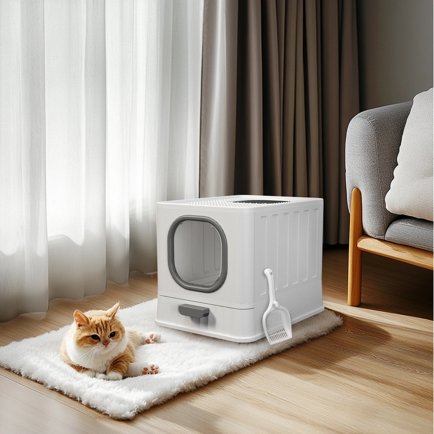 Bingopaw Cat Litter Box with Lid Enclosed Potty Large Top Entry Anti Splashing Toilet Easy to Clean with Litter Scoop