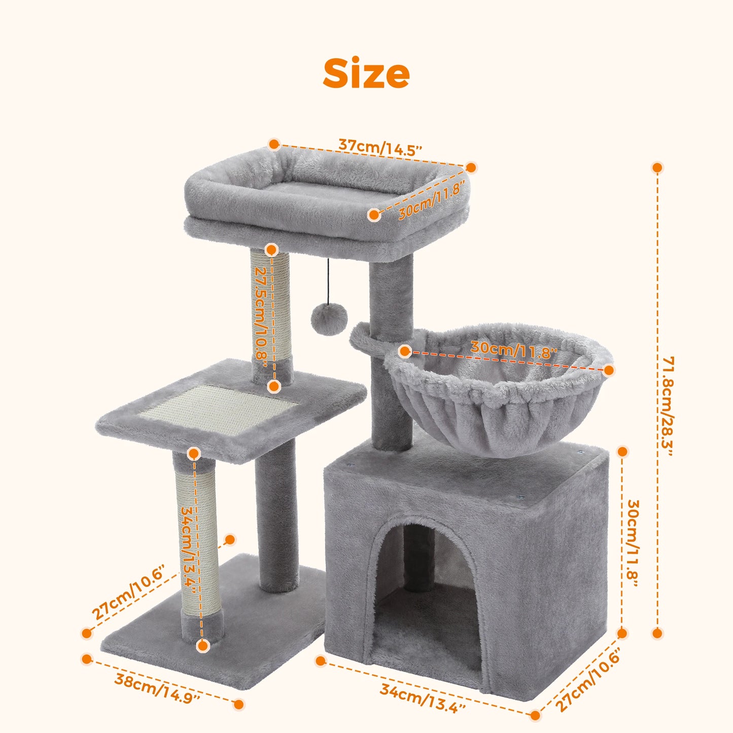 Cat Tree Cat Tower for Indoor Cats with Big Hammock Removable Top Perch and Scratching Posts Grey