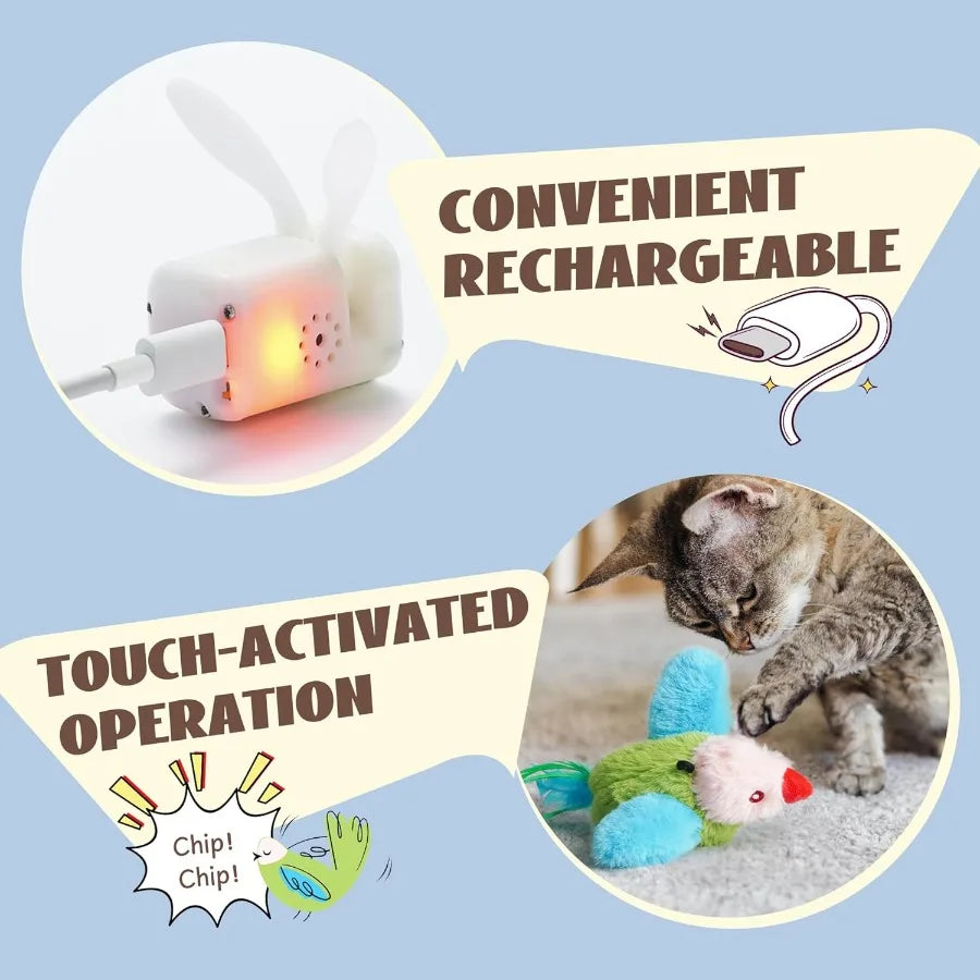 Flapping Bird Cat Toy Interactive Catnip Kitten Toy with Lifelike Chirping Rechargeable Touch Activated for Bored Indoor Adult