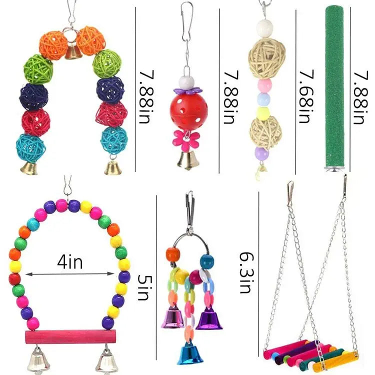 DCPET 12 Pack Wood Bird Toy Set Parrot Swing Bridge Bells Cage Accessories