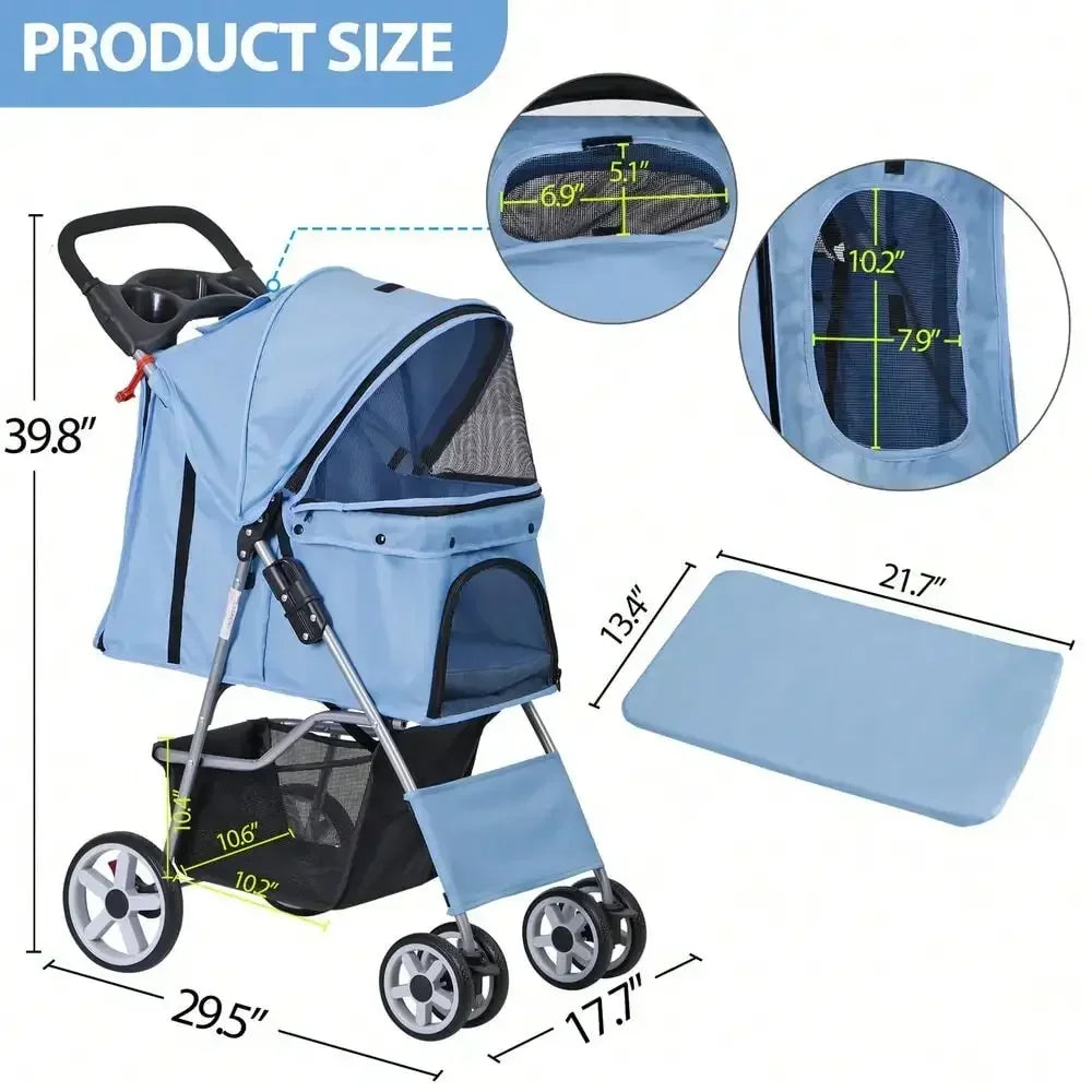 Blue 4 Wheel Pet Stroller for Cats and Dogs Foldable Carrier Jogger Travel with Basket