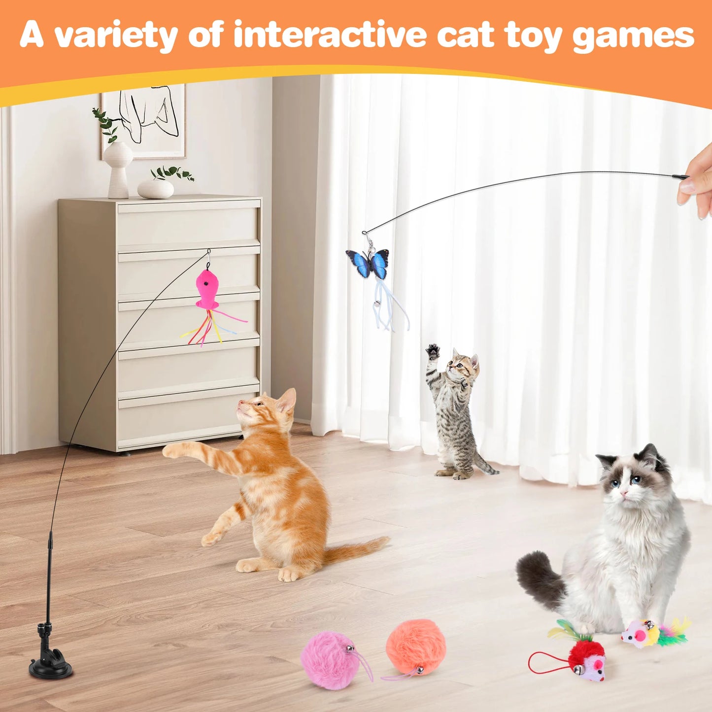 Pet Cat Toy Set Suction Cup Toy Set Double Headed Replacement Head Toy Suit Handfree Cat Toy Stick for Floor Glass Door Panel