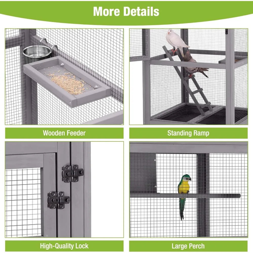 Bird Cage Outdoor Wooden Aviary Indoor 70 Inch Large Parrot Cage with 4 Casters Flight Bird Cages for Parrot Lovebirds Finches